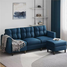 Royal Blue Velvet Sofa Bed 3 Seater L-shaped Chaise Lounge Sofa With Ottoman