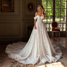 Off Shoulder Lace Wedding Dress Corset Bodice A-Line Cathedral Train Bridal Gown