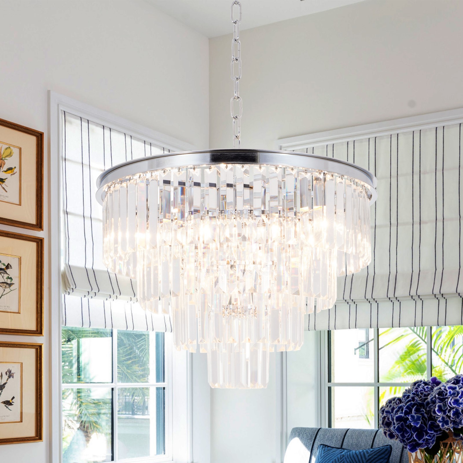 6-Layer Chrome Silver Crystal Chandelier 20in Pendant Ceiling Light