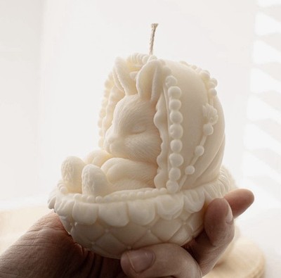 White Rabbit Figural Wax Decorative Candle in Basket Set of 2