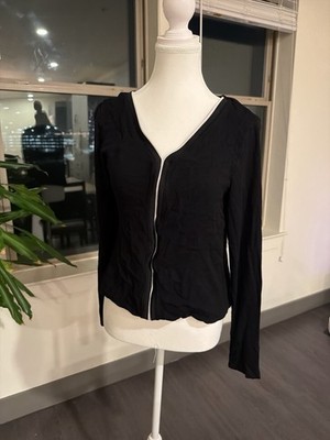 Street One Women's Black White Zip V-Neck Long Sleeve Blouse EUR 38