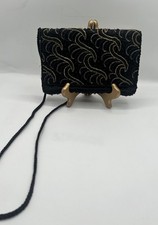 Vintage Black Evening Bag With Gold and Silver Beaded Designs And Strap