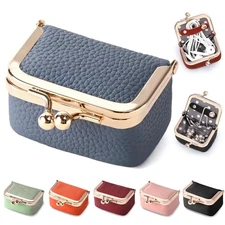 Genuine Leather for Women Mini Jewelry Box Coin Purse with Kiss Lock Mini Wallet