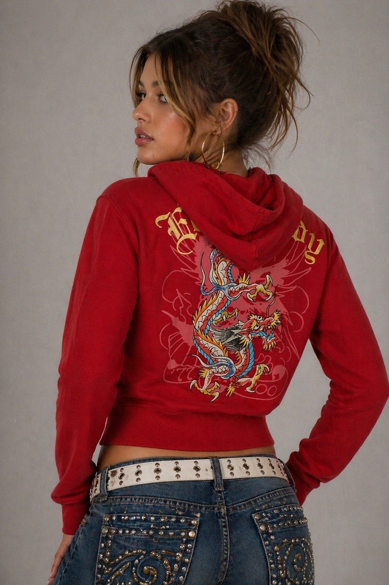 y2k　ed hardy　red pepper　パーカー　平成　訳有　60223 ED HARDY Vintage Dragon Zip Crop Hoodie Red Gold Graphic Y2K