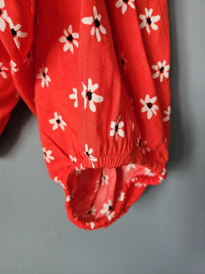 Zara Linen Cotton Crop Knotted Top -Size Medium UK 10/12 floral -Red- 3/4 sleeve - Image 4 of 4
