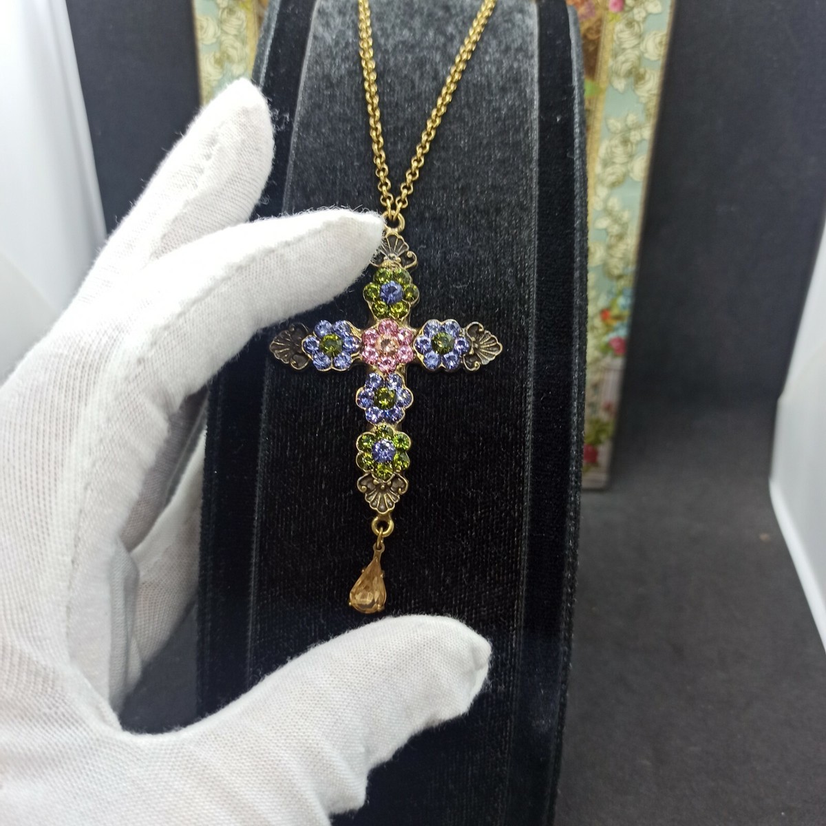 Michal Negrin Cross Necklace Purple Flower Pendant & Swarovski