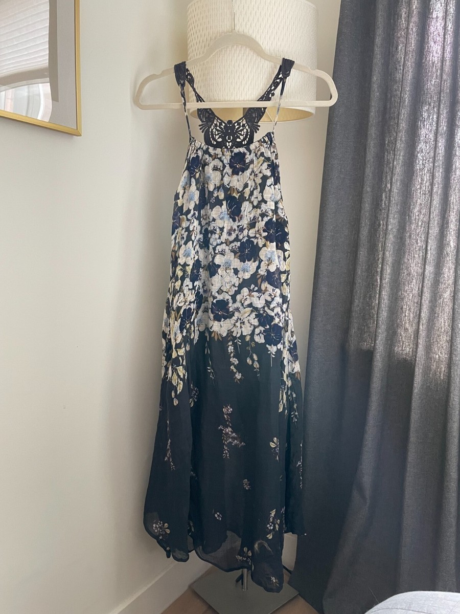 Anthropologie "Lilka" navy floral maxi dress with lace back - XS