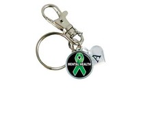 Custom Mental Health Awareness Green Ribbon Silver Key Chain Initial Family Gift