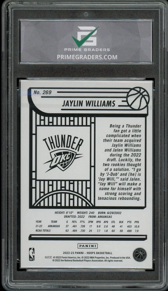 2022 Panini Hoops #269 Jaylin Williams GRADED 10 GEM MINT Rookie Card RC Thunder - Image 2 of 2