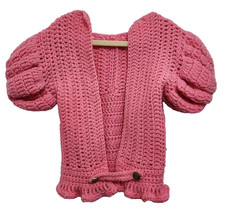 Vintage Pink Handmade Crochet Toddler Cardigan Girls Knit Sweater Balloon Sleeve
