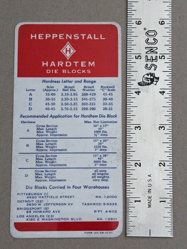 Heppenstall Hardtem Die Blocks Comparative Hardness Steel Chart Card  2