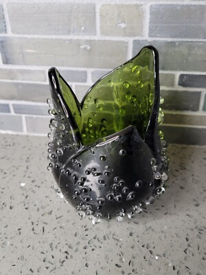 Green Glass Tulip Dewdrops Partylite Tealight Candle Holder  Natures Garden 
