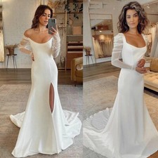 Satin Long Sleeve Wedding Dresses with Side Slit Mermaid Sweep Train Bridal Gown