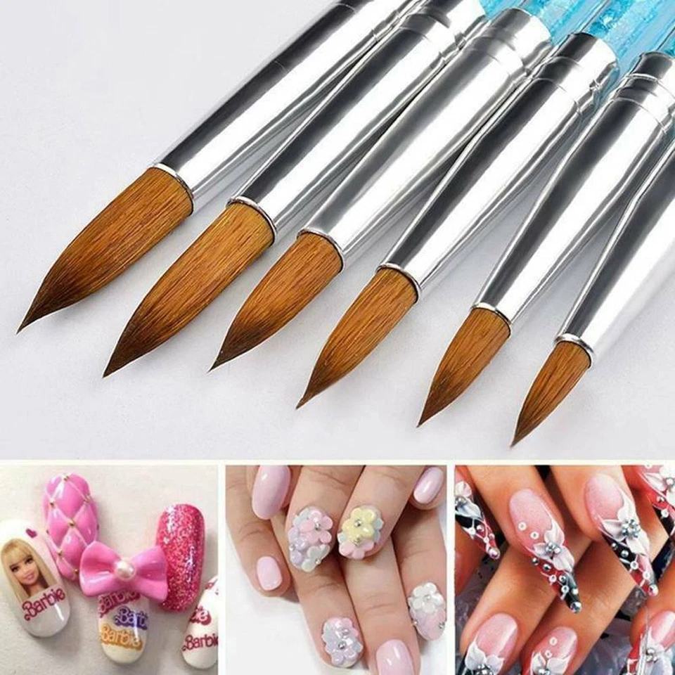 6 peças/conjunto puro 100% Kolinsky Sable escova de unhas acrílica metal frisado cabo longo - Imagem 2 de 4