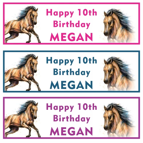 2 x Personalised Horse Birthday Banner Pony Party Decoration Custom Name & Age