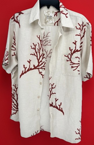 Tasso Elba Island Mens L Shirt Ivory Cream Silk Linen Tropical Beach Resort