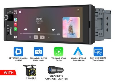 Eonon 1DIN 6.28'' Car Stereo Smart Wireless Apple Carplay & Android Auto Free CAM