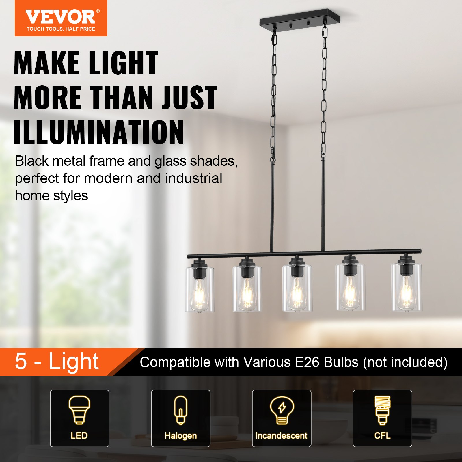 VEVOR 60W 5-Light Adjustable Kitchen Island Pendant Lighting with E26 Socket