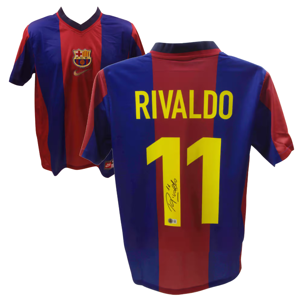 Rivaldo Signed FC Barcelona Home Soccer Jersey #11 with Beckett