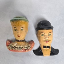 Vintage Chalkware Man Woman Bust Pair Art Deco Carnival Figure Lace Bow Tie