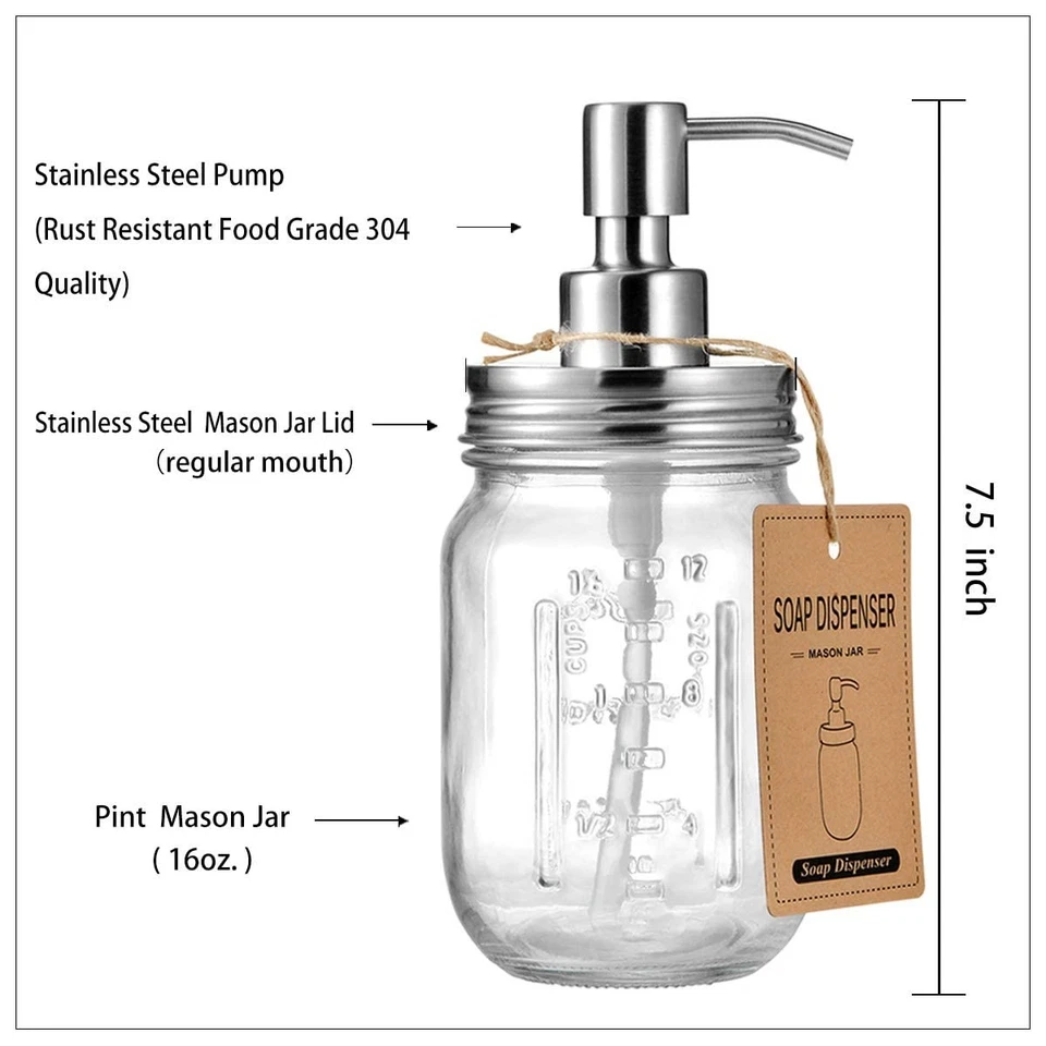Mason Jar Soap Dispensers - Rustproof Stainless Steel Lid &Pump, Refillable Wash - Image 2 of 4