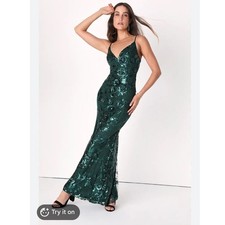 Lulus Emerald Green Floral Sequin Embroidered Mermaid Maxi Dress Gown Sz M Fairy