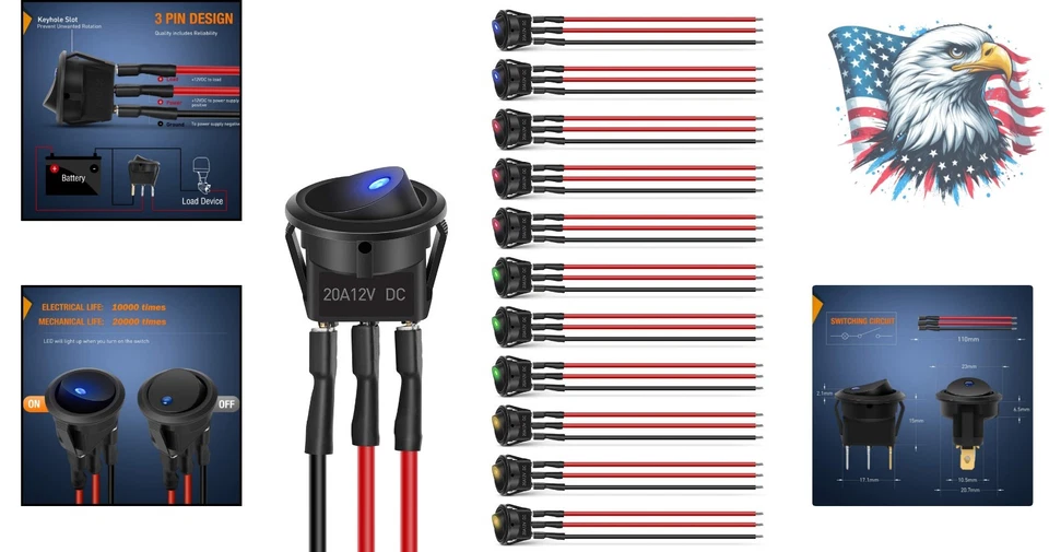 12pc Round LED Toggle Power Switches Set - 20A Rocker Switch for Marine Use - Image 2 of 4