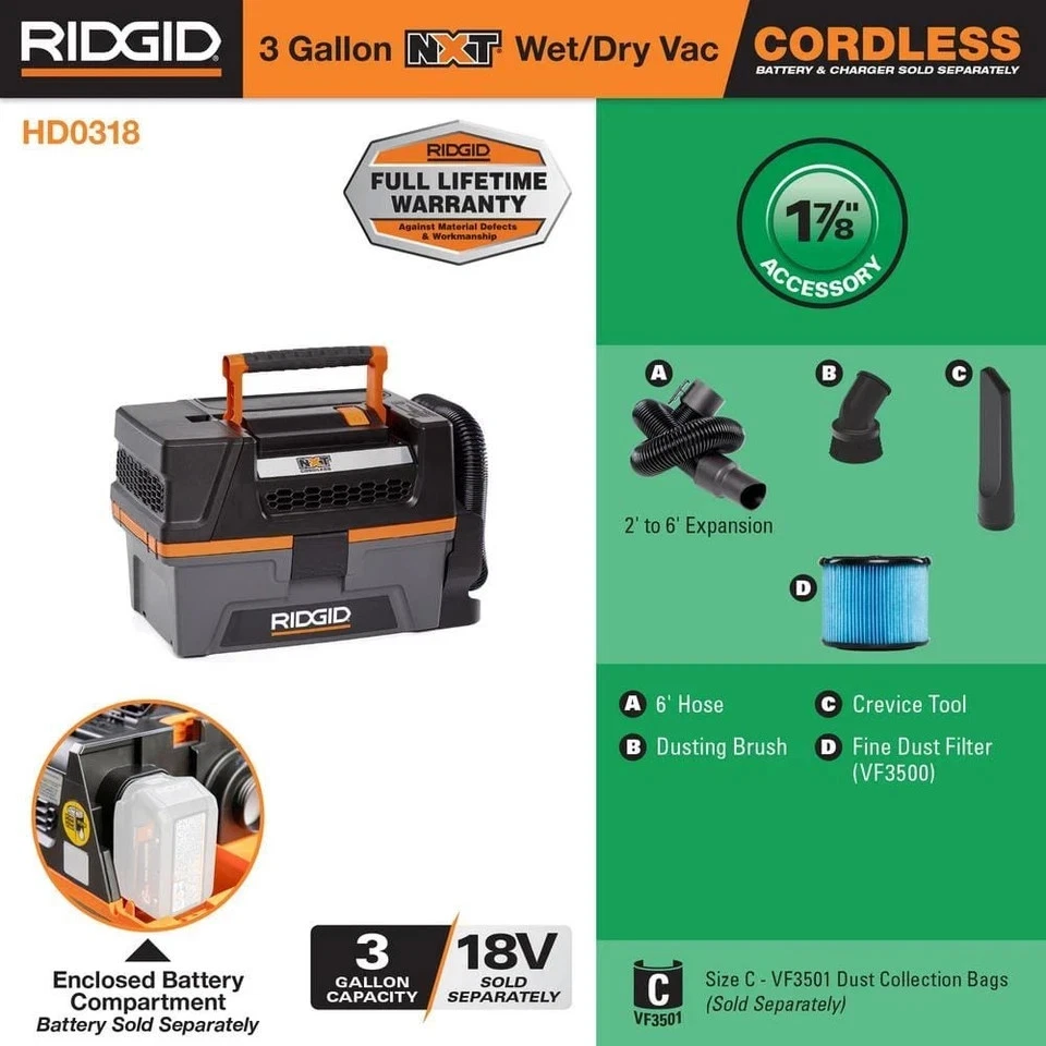 3 Gal. 18V Cordless Handheld NXT Shop Vacuum Wet Dry Vac (Tool Only) with Filter - Image 2 of 4