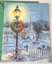 Vintage Christmas Card Religious Winter Scene Lamppost Church Christmas Eve