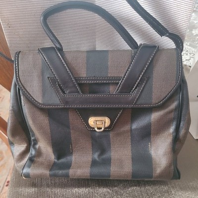 Vintage Fendi Pequin Striped Canvas Leather Hand Bag 1980s 