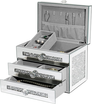 Mirrored Jewelry Box, 3-Layer Glass Jewelry Organizer with Lid & 2 Drawers, Silv