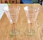 2 VTG Watermelon Goblets Pink & Uranium Green 6 1/2" Depression Cut Glass