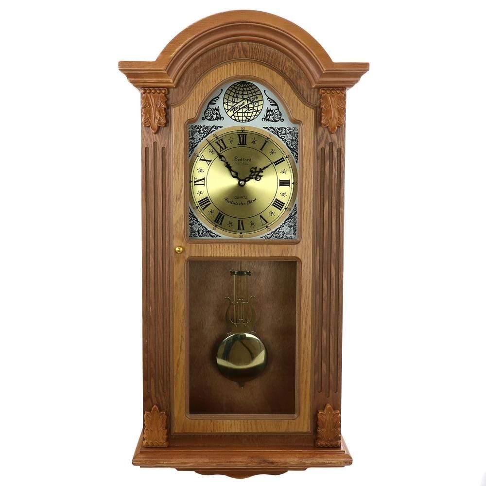 Bedford Clock Collection Wall Clock Honey Oak Chiming Pendulum Roman Numeral
