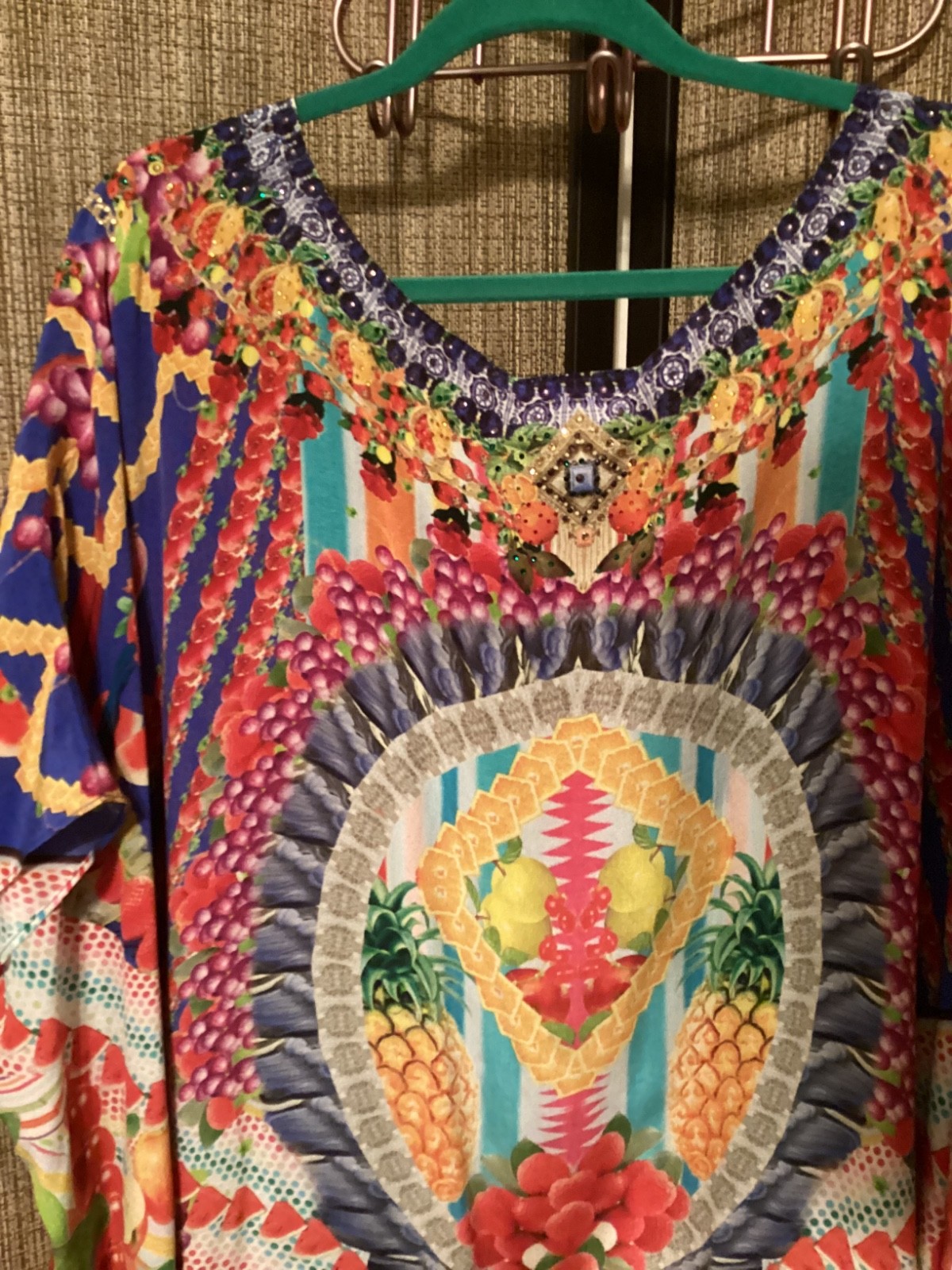 OOAK Camilla Gorgeous Crystal Beaded Print 100% Silk Kaftan Resort Dress EUC
