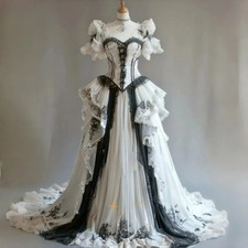 Historical Victorian Wedding Dress Black And White Gothic Bridal Gowns Appliques