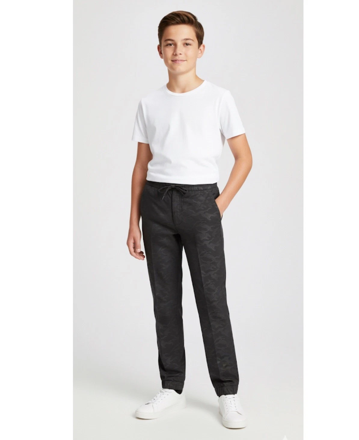 Calvin Klein Boys Slim-Fit Drawstring Camo Tapered Suit Pants Black Medium 10-12