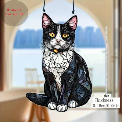 Schwarz weiße Katze Ornament hängend Sonnenfänger Buntglasoptik Deko Geschenk