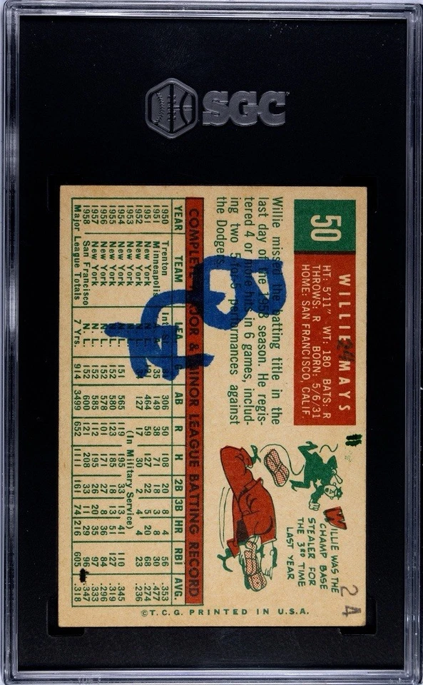 1959 Topps #50 Willie Mays SGC 1 Vintage HOF Baseball Card MLB San Francisco - Image 2 of 2