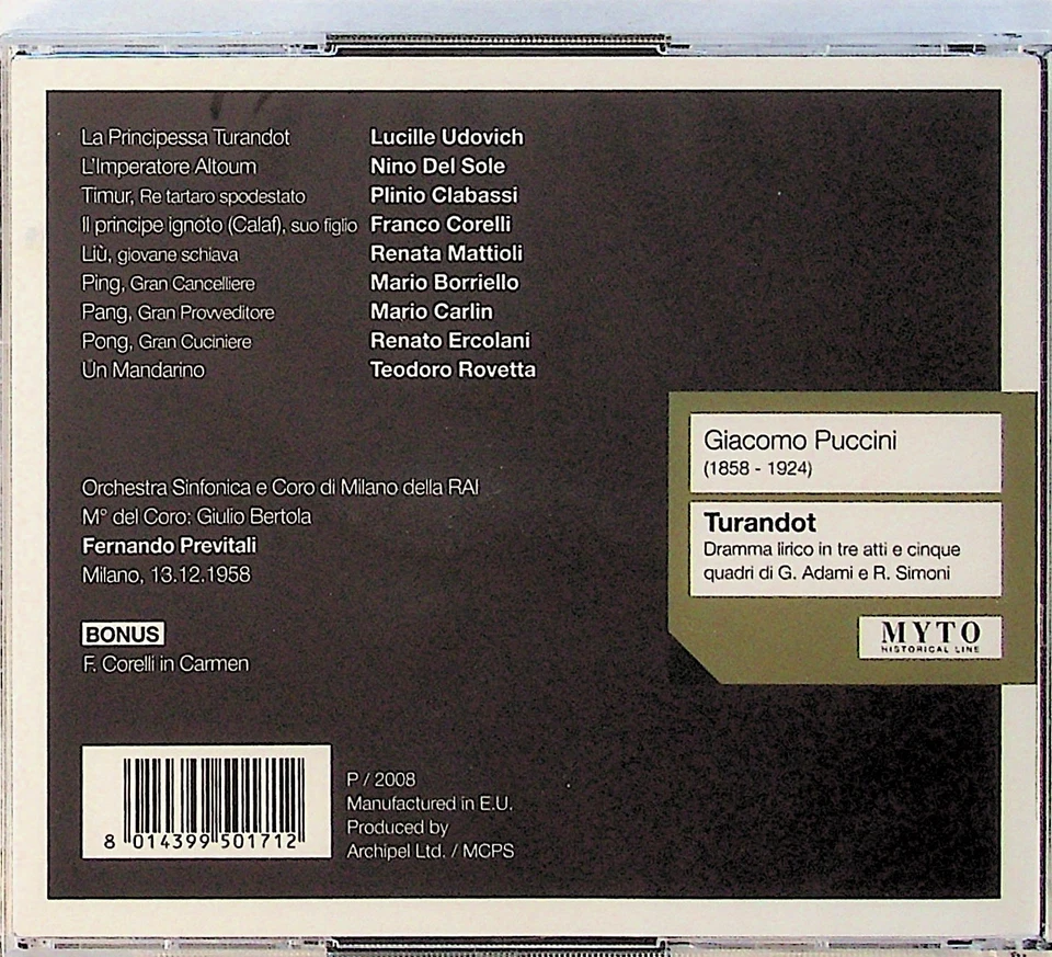 PUCCINI Turandot Live 1958 PREVITALI Franco Corelli, Lucille Udovich 2-CD NEW - Image 2 of 2