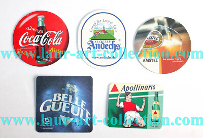 5 UNTER BOCK UNTERSETZER GLAS AMSTEL, APOLLINARIS, COCA, ANDECHS, SCHÖNER BIERMUND