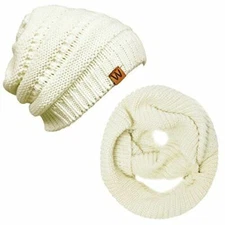 Wrapables Winter Warm Knitted Infinity Scarf and Beanie Hat Set, Cream