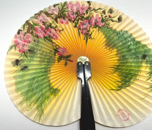 Vintage Hand Klappfächer Rosa Blumenmuster Sonnenuntergang Bienen Kirschblüten - Bild 6 von 8