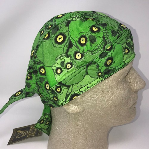 Neon Green Yellow Eyes Stacked Skulls Bandanna Sweatband Durag Biker Head Wrap - Bild 2 von 3