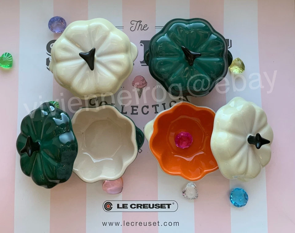 LE CREUSET KAKTUS GRÜNE DÜNE WEISS ZIERLICHER KÜRBIS COCOTTE 4ER SET SELTEN HALLOWEEN