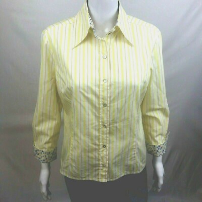 VTG Fourtys Top Women L Yellow Striped Floral Button Down Contrast Rolled Cuff