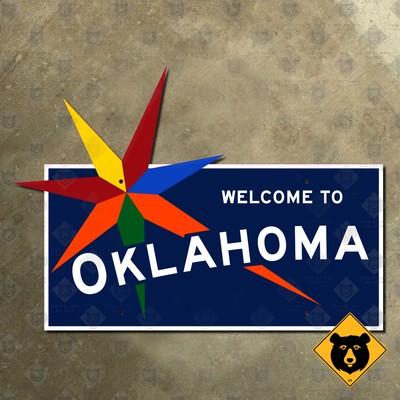 Oklahoma state line highway marker road sign 1957 22x15 star burst