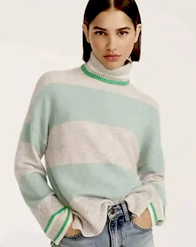 J Crew Striped Turtleneck Sweater XS Supersoft Yarn Mint Green