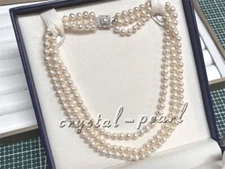 3 Strand AAAA 6-7mm Natural Akoya White Pearl Necklace 17 18 19 "pure silver