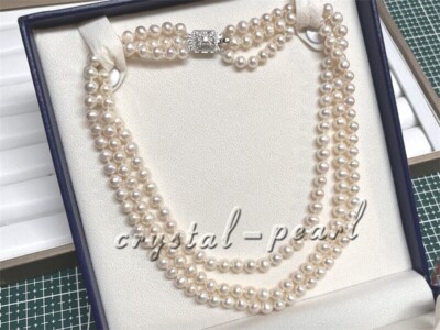 3 Strand AAAA 6-7mm Natural Akoya White Pearl Necklace 17 18 19 ''pure silver