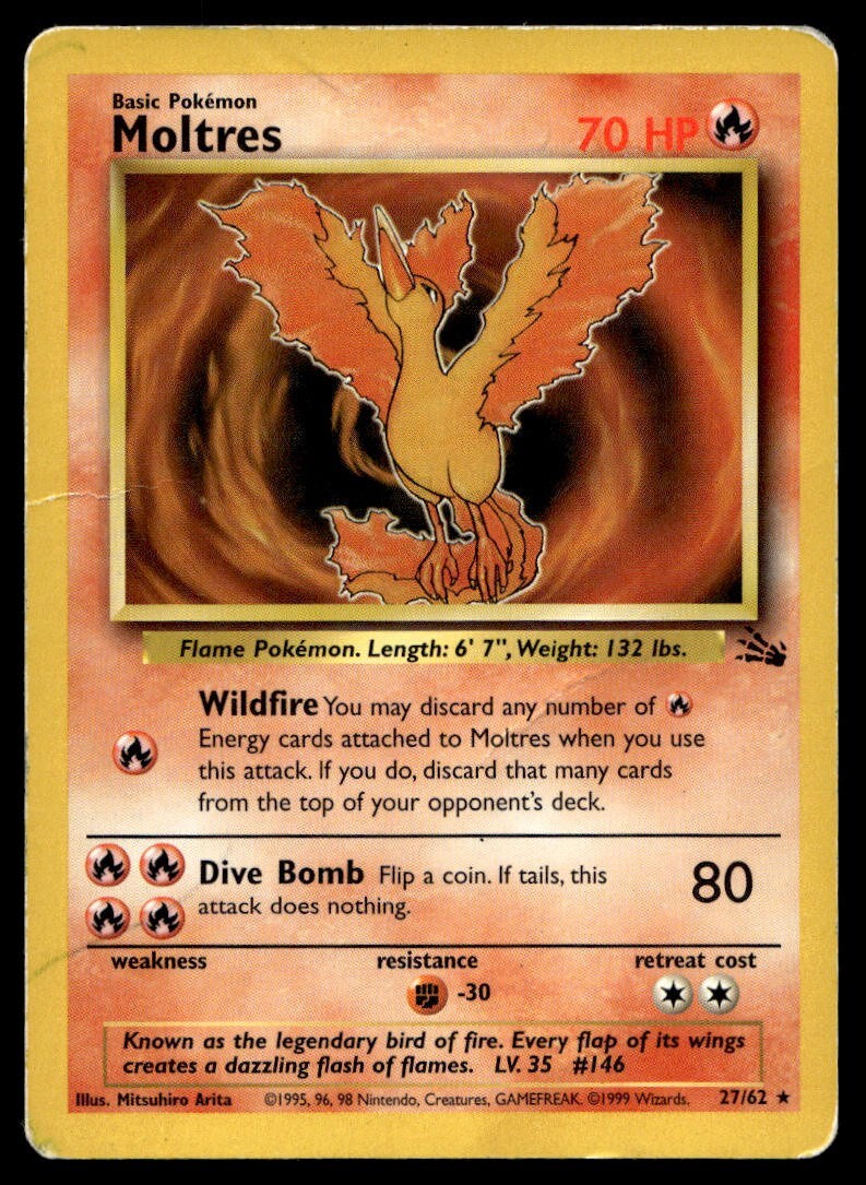 Moltres 27/62 Pokemon Card Fossil Rare 70 HP Moderately Played T3